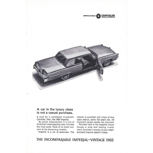 Chrysler 1965 Imperial Vintage Car Vintage Print Ad 9 inch Tall - Picture 4 of 4